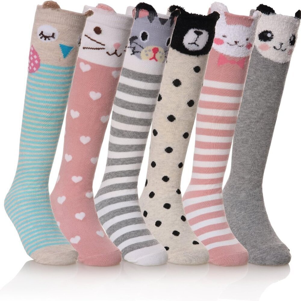 Kids Knee High Socks 6 Pack Animal Patterns Cotton Long